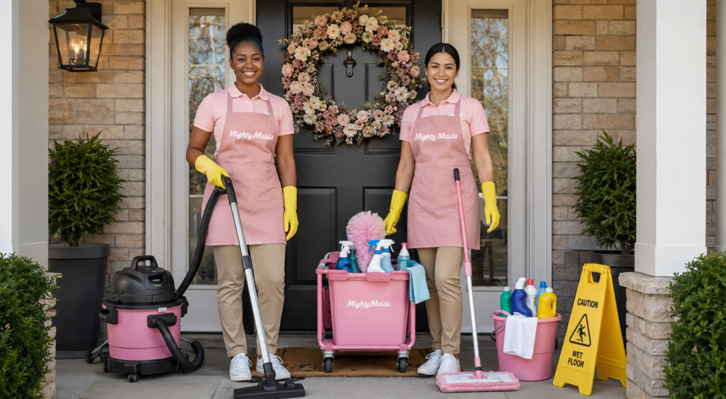 Expert maid service performing living room cleaning, dusting, and surface sanitization in a one-time home cleaning session