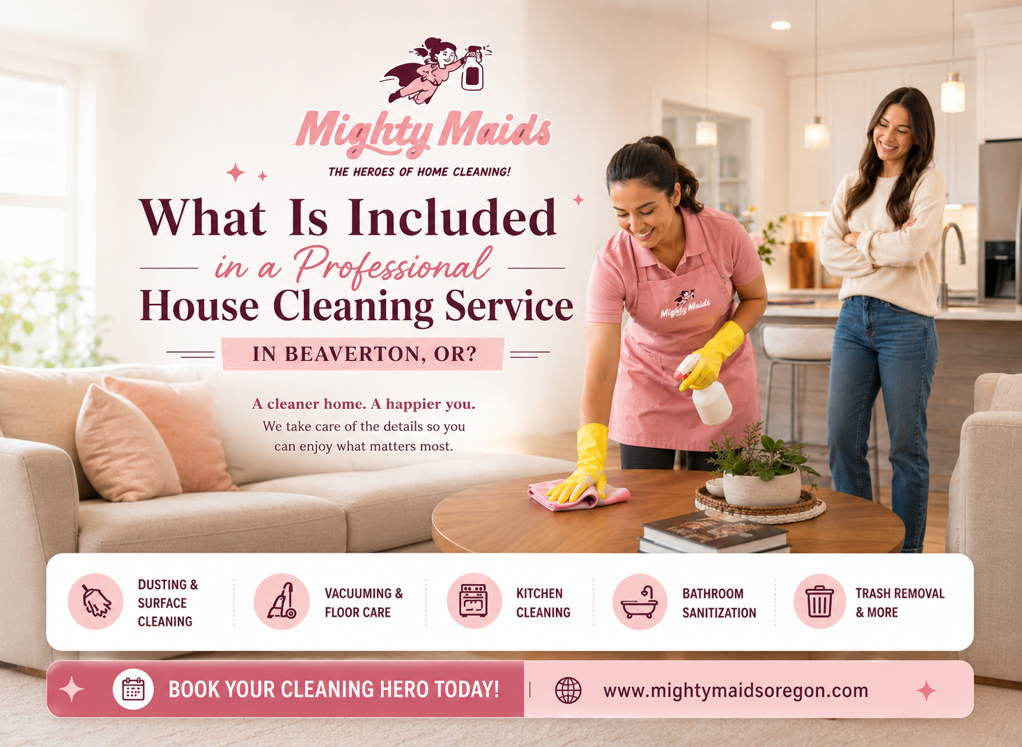 Professional house cleaning service in Beaverton OR cleaning kitchen and bathroom in a modern family home